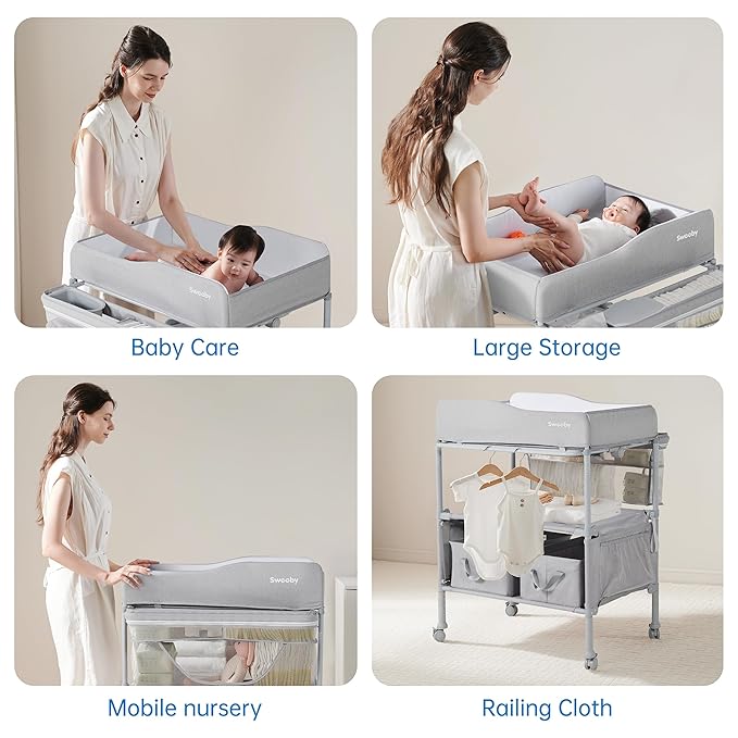 Sweeby Portable Baby Changing Table, Foldable Changing Table Dresser Changing Station for Infant, Waterproof Diaper Changing Table Pad Topper, Mobile Nursery Organizer for Newborn Essentials,LightGrey