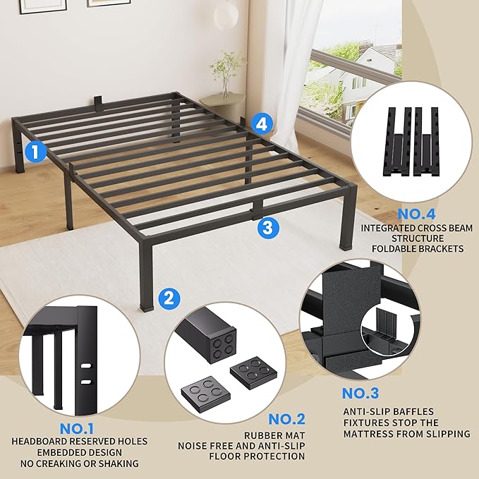 MAF Twin Bed Frames 14 Inch Metal Platform BedFrame with Black Heavy Duty Steel Slat Support Noise Free Twin-Bed-Frame, No Box Spring Needed