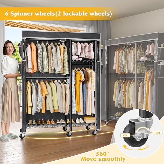Raybee Clothes Rack with Cover Clothing Racks for Hanging Clothes Heavy Duty Portable Closet with Wheels，Rolling Garment Rack for Bedroom,Black