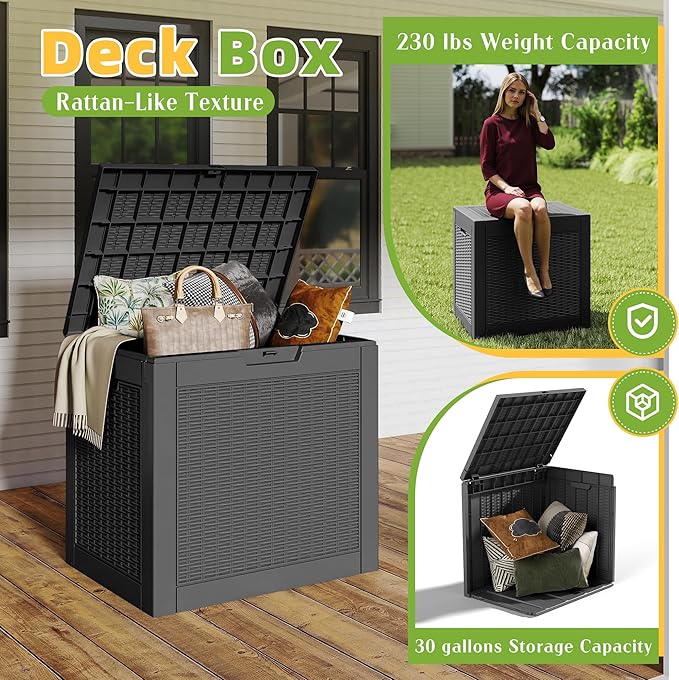 30 Gallon Waterproof Resin Deck Box, UV Resistant Outdoor Storage for Garden, Patio, Porch, Delivery, Rattan Black