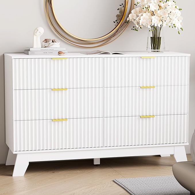 6 Drawer Dresser for Bedroom, Fluted White Dresser Chest of Drawers with Gold Handle, Mid Century Modern Dressers for Closet, Bedroom Chest Storage Organizer for Living Room, Hallway