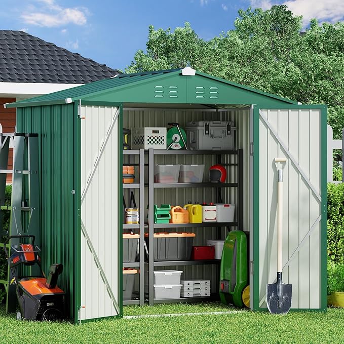 Gizoon Outdoor Storage Shed 6 x 4 FT, Galvanized Metal Garden Shed with Double Lockable Doors, Outdoor Storage Clearance for Backyard Patio Lawn-Green