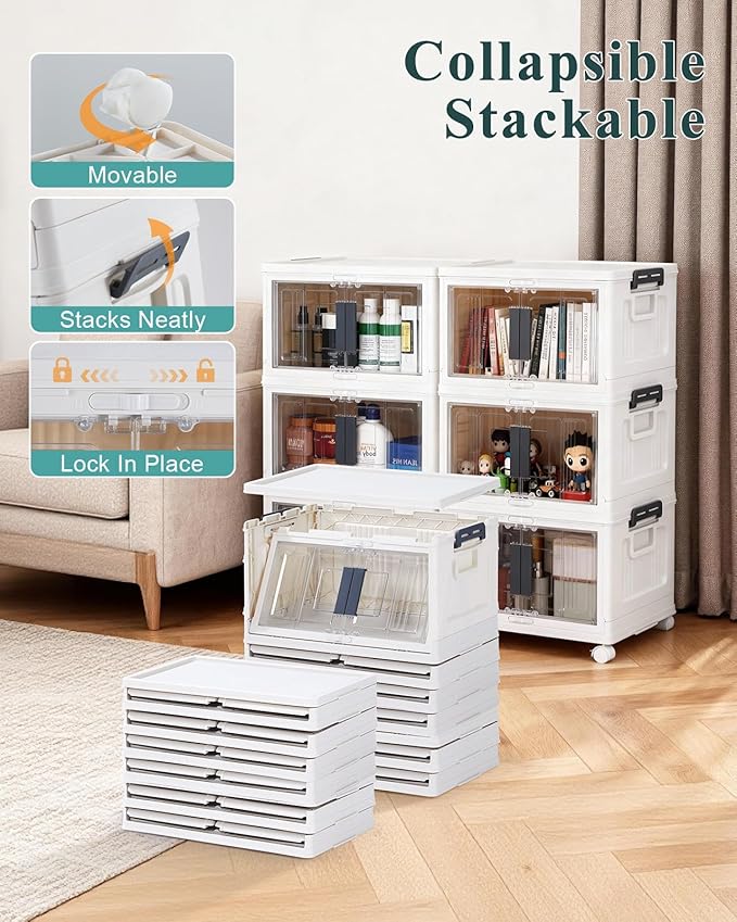 OlarHike 23QT Stackable Storage Bins with Lids - Folding Storage Box with Doors and Wheels, Collapsible Plastic Storage Drawers for Closets, 6 Pack Cubes