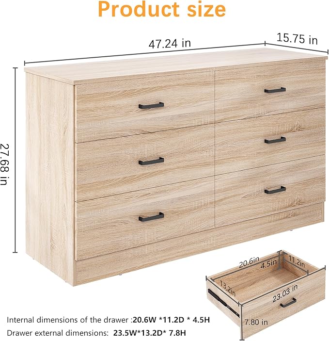 Bigbiglife Dresser for Bedroom, 6 Drawer Double Dresser, Modern Chest of Drawers with Deep Drawers, TV Stand Large Storage Organizer for Living Room, Closet (Light Oak)