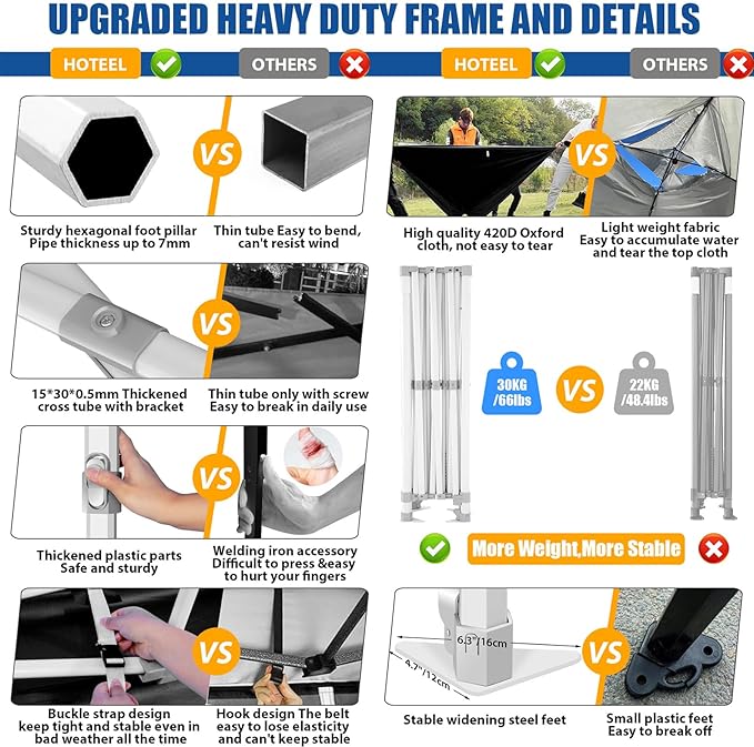 HOTEEL 10x15 Pop up Canopy Tent for Parties, Heavy Duty Easy Setup Tent Without Sidewalls, Outdoor Commercial Instant Gazebo for Wedding Event, with Roller Bag & Sand Bags, Black(Hexagonal Frame)