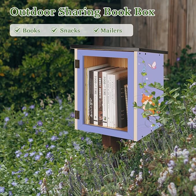 Outdoor Library Outdoor Book Box Storage Small Wooden Cabinet Little Literature Box for Neighborhoods Community and Schools Sharing Books, Flyers, Newspapers, Food and Art (A)