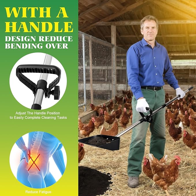 Chicken Poop Scooper for Sand, Coop Scoop with 22 to 64" Adjustable Handle, 2-in-1 Metal Shovel Head Chicken Scooper for Poop, Litter Rake & Sifting Shovel for Pet Waste Cleaning