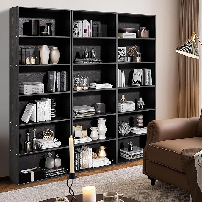 71" Tall Bookcase, 6-Tier Open Display Storage Shelves, Floor Standing Large Book Shelf for Living Room, Home Office, Bed Room, Black