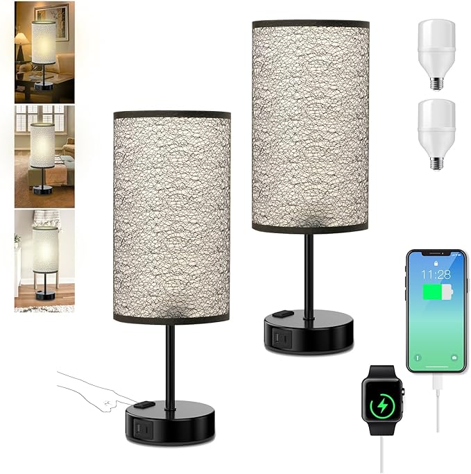 Table Lamp for Bedroom with Touch Control, Bedside Lamp with USB C+A Charging