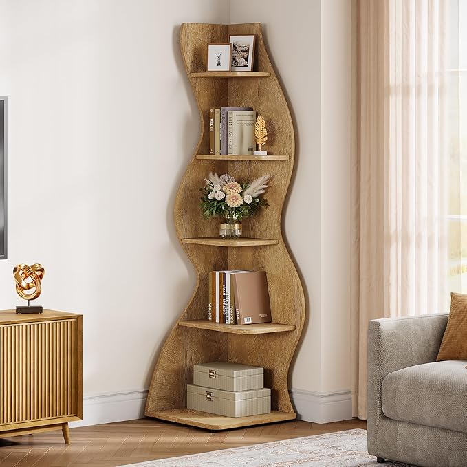 Tribesigns Wavy Corner Shelf, Modern 5-Tier Bookshelf Bookcase with Curvy Shape, Unique Plant Stand Display Rack for Living Room Small Space (Light Brown)
