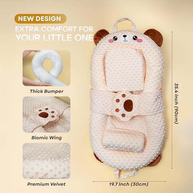 Baby Lounger for Newborns to 12 Months, Premium Velvet Cover, Infant Nest, Tummy Time Mat, Bottle Feeding Pillow & Portable Co-Sleeper Bed with Carrot & Banana Toys