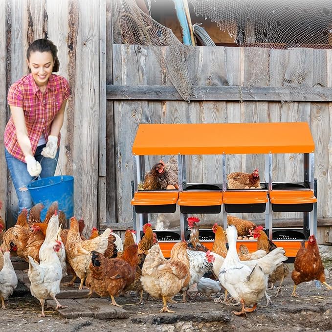[8-Pack] Chicken Nest Box for Hens - Galvanized Steel Wall-Mounted or Freestanding Chicken Nest with Ventilation Holes - Poultry Nest Box with Legs for Egg Laying (Orange)