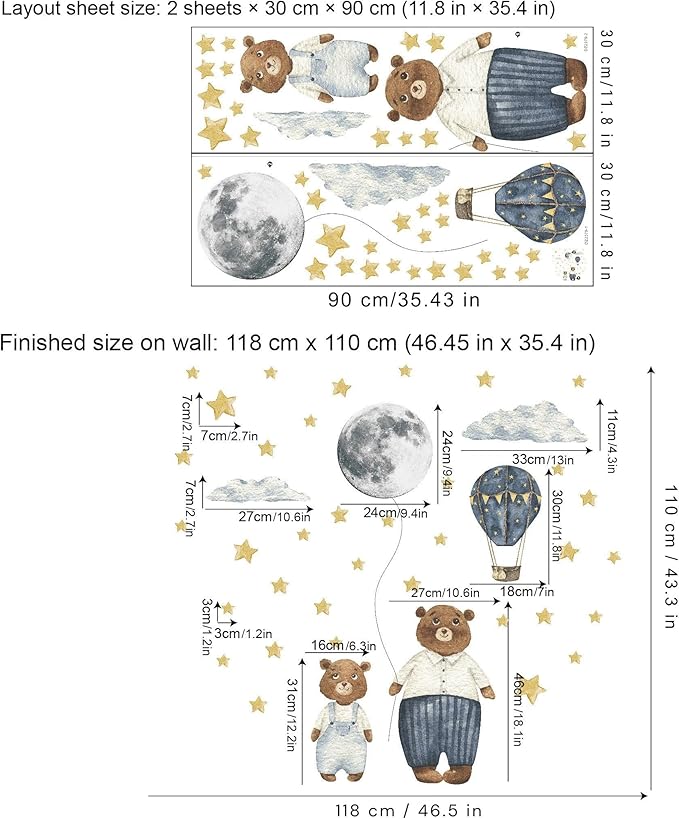Papa & Baby Bear Wall Decals - Peel and Stick Bears Hot Air Balloon Stars Moon Clouds Wall Stickers, Decor for Baby Nursery, Toddler & Kids Bedroom Walls (Bears)