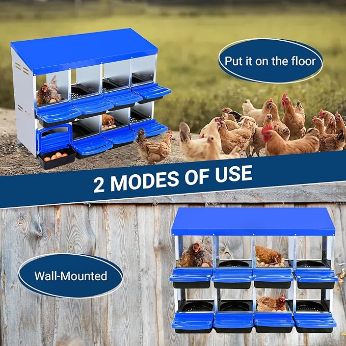 Two-Tier Chicken Nesting Box, 8 Hole Metal Chicken Egg Laying Box with Swing Perch and Rollout Egg Collection Applicable to Coops and Duck Houses Blue.