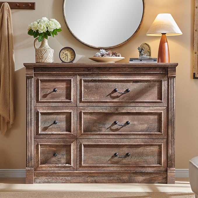 Farmhouse 6 Drawers Dresser for Bedroom, 48" Wide Large Dressers & Chests of Drawers w/Roman Column, Storage Dressers Organizer for Bedroom, Hallway, Living Room, Light Brown
