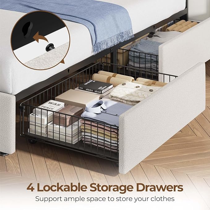 Rolanstar Twin Bed Frame with 4 Storage Drawers and Charging Station,Twin Bed with Led Lights, 2 USB & 1 Type C, Adjustable Headboard 38.9/40.8 Inches, No Box Spring Needed, White