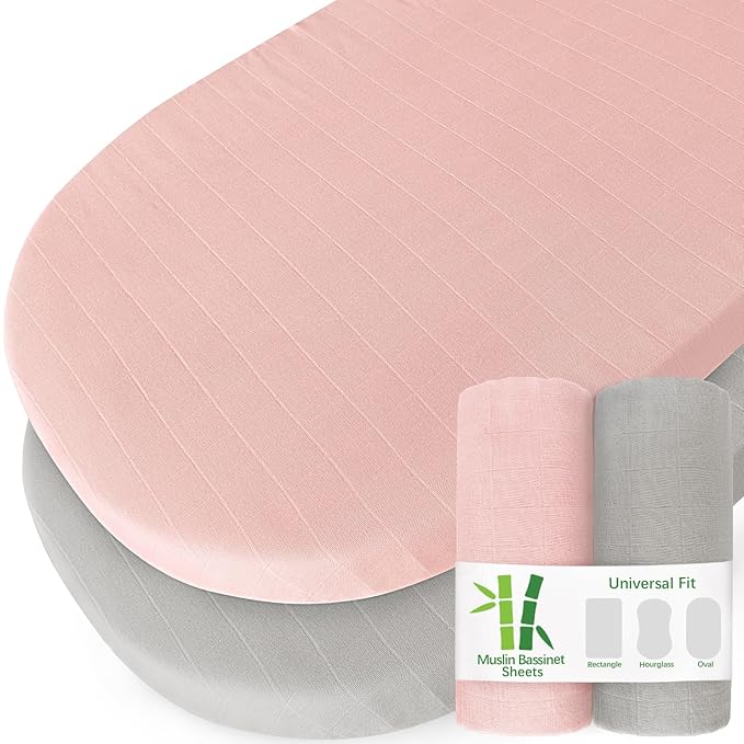 Muslin Bassinet Sheets for Boys and Girls 2 Pack, Ultra Soft Muslin Fitted Baby Bassinet Sheet for Standard Bassinet Mattress or Cradle (16''×32''/17"x32"/20''x33''), Grey & Pink