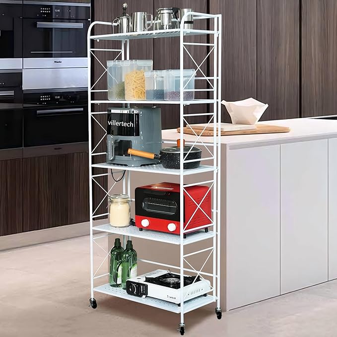 Foldable 5-Tier Metal Shelf with Wheels - Folding Bookshelf Unit for Living Room, Kitchen, Study 12.6" D x 23.6" W x 57.0" H, Glossy White