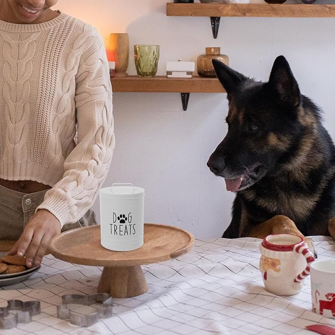 Airtight Metal Dog Food Storage Bin with Lid White Farmhouse Dog Treat Container for Countertop Pet Food Canister