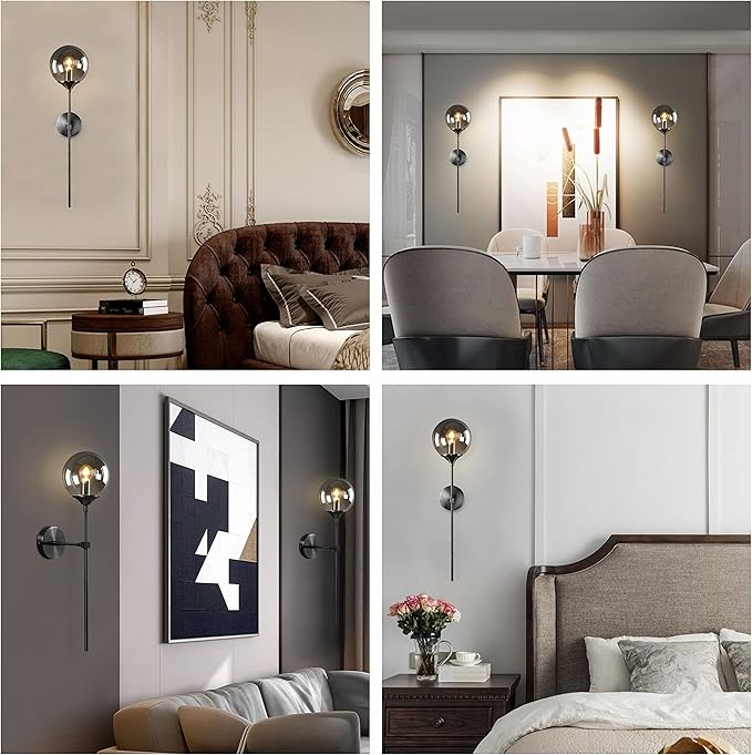 KCO Lighting Modern Smoke Grey Glass Globe Wall Sconce Black Matte Slim Wall