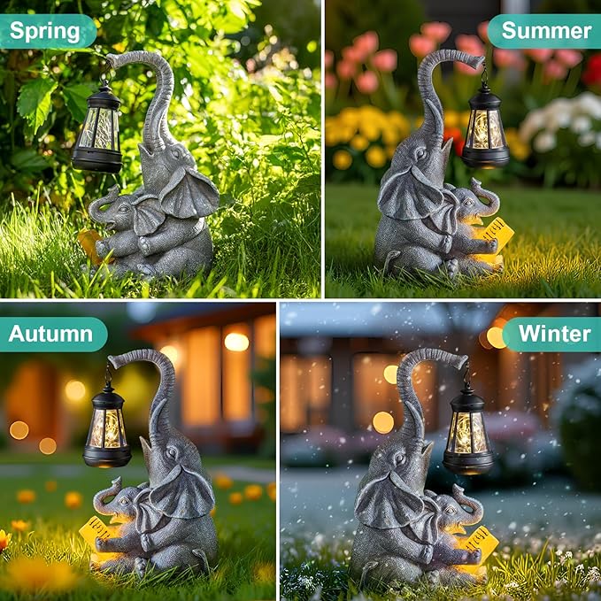 Solar Elephant Statue Lights Outdoor Garden Decoration, Elephant Statue with Solar Lantern Outdoor Decoration for Mother Women Birthday Gift-Courtyar Balcony Lawn Decor