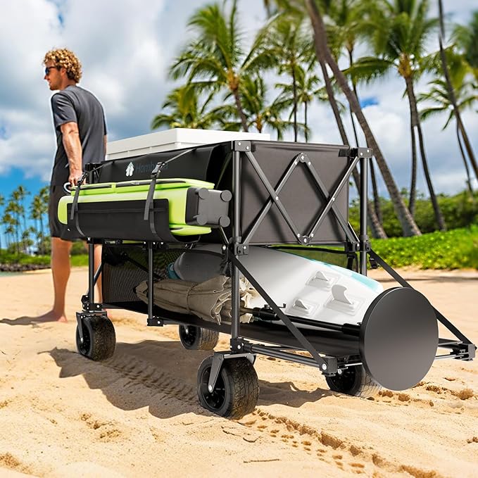 Folding Double Decker Wagon, 560LBS Heavy Duty Utility Cart with Brakes, 400L Wagon Cart with Wheels Foldable, All-Terrain Big Wheels for Camping, Beach, Picnic, Outdoor Use, Black