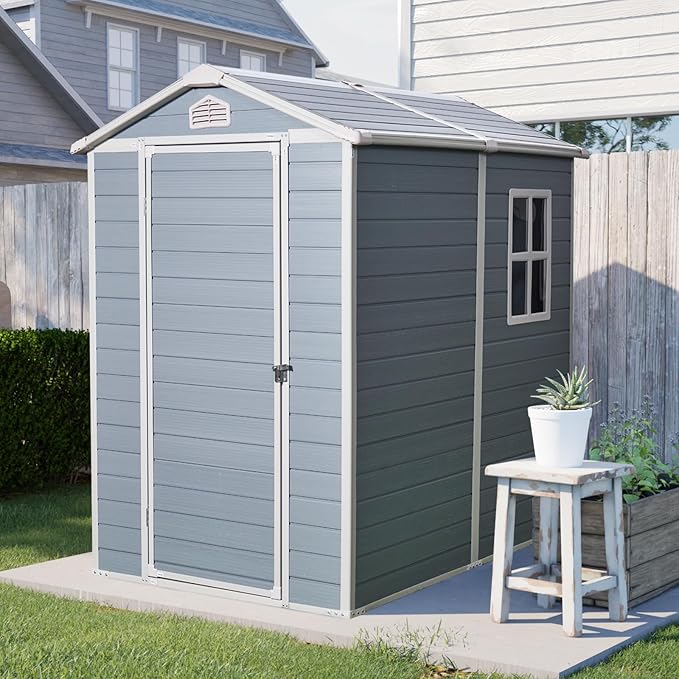 JT 4×6ft Resin Outdoor Storage Shed,Outdoor Storage Shed with Floor & Window to Store Patio Furniture, Garden Tools Bike Accessories, Beach Chairs and Lawn Mower. (4ft×6ft)