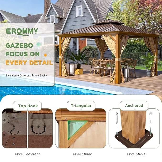 EROMMY 12' x 12' Gazebo, Wooden Finish Coated Aluminum Frame Canopy with Double Galvanized Steel Hardtop Roof, Outdoor Permanent Metal Pavilion with Curtains and Nettings for Patio, Backyard and Deck