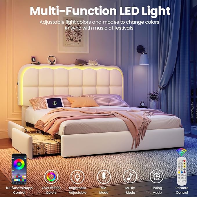 Queen Size Bed Frame with 4 Storage Drawers and LED, Adjustable Clouds Headborad,Velvet Upholstered Platform Queen Bed Frame with Charing Station,Wood Slats Support, No Box Spring Needed,White