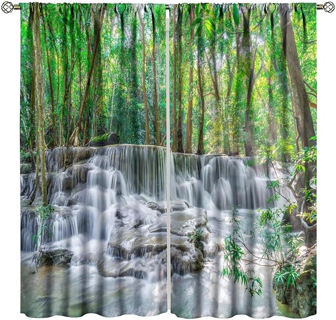 Forest Waterfall Blackout Curtains, Scene Nature Theme Mountain Stream Scenery Print Window Drapes, for Bedroom Living Room 42" W X 45" L