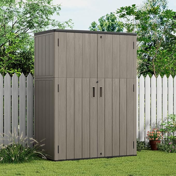 KINYING Outdoor Storage Cabinet Waterproof, 57 Cu.ft Resin Vertical Outdoor Storage Shed for Patio Furniture, Garden Tools, Pool Accessories, Mower Storage (Brown)