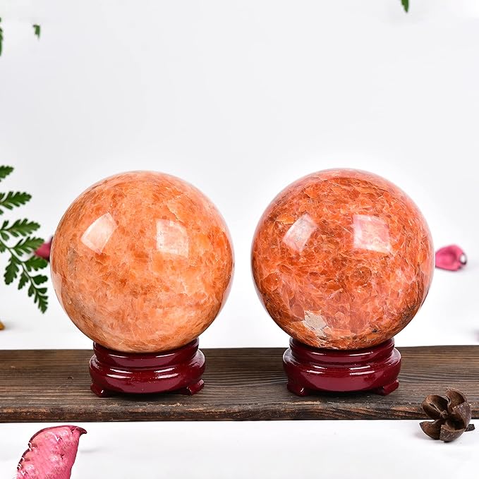 JIC Gem Big Sparkling Quartz Crystal Ball Sunstone Healing Crystal Gemstone Sphere with Decorative Wooden Stand for Meditation Gifts Decoration (80-90mm)