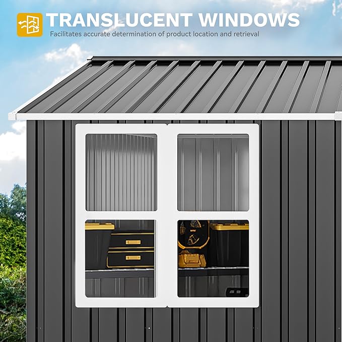 DWVO 10x10ft Metal Outdoor Storage Shed with Window, Lockable Tool Storage Sheds, Oversized Steel Garden Sheds with Sloped Roof for Backyard, Patio, Garage, Lawn, Gray & White