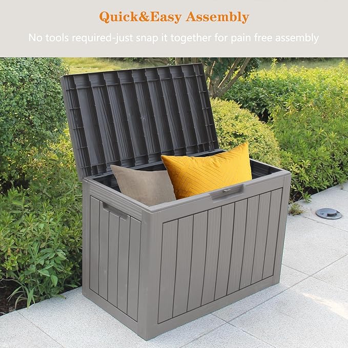 Modern-Depo 31 Gallon Waterproof Storage Deck Box Patio Furniture Organization Container with Lockable Lid, PP Outdoor Side Table for Garden, Yard, Poolside, Gray