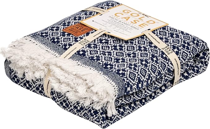 Gold Case Throw Blanket for Couch - 100% Recycled Turkish Cotton Blankets & Throws - Retro Soft Throw Blankets for Living Room - Boho Decorative Woven Couch Blanket - 60x80 - Navy Blue