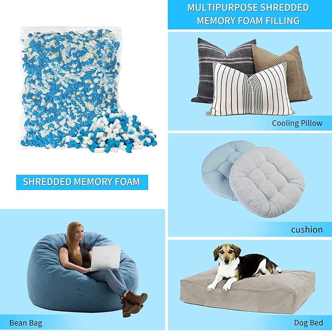45LBS Shredded Memory Foam Filling Bean Bag Filler, Added Gel Particles Comfortable and Soft,Very Suitable for Filling Bean Bags, Pillows,Dog beds, Couch Cushion