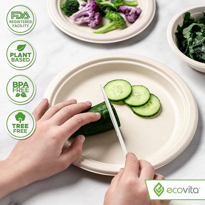 Ecovita 100% Compostable Knives - 500 Large Disposable Utensils (7 in.) Bulk Size Eco Friendly Durable and Heat Resistant Alternative to Plastic Knives with Convenient Tray