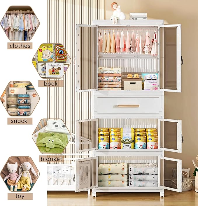 Portable Kids Wardrobe Closet with Doors, Plastic Baby Wardrobe Storage Cabinet with Hanging Rod Children's Clothes Closet Costume Storage Organizer (1 Pack)