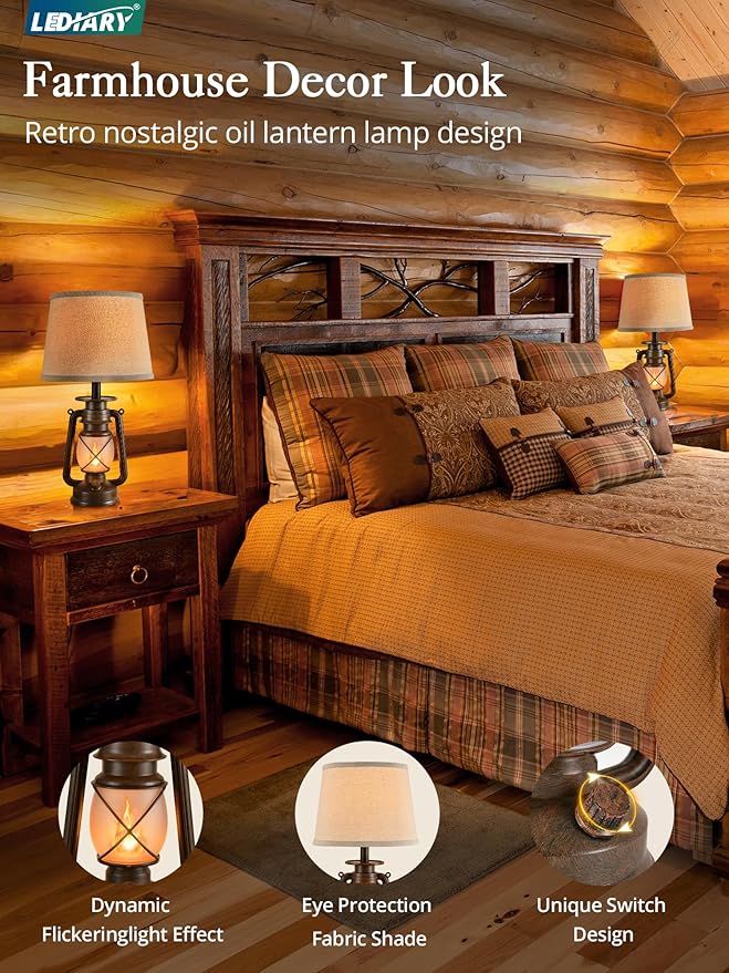 LEDIARY 18.72" LED Vintage Lantern Flickering Flame Table Lamps