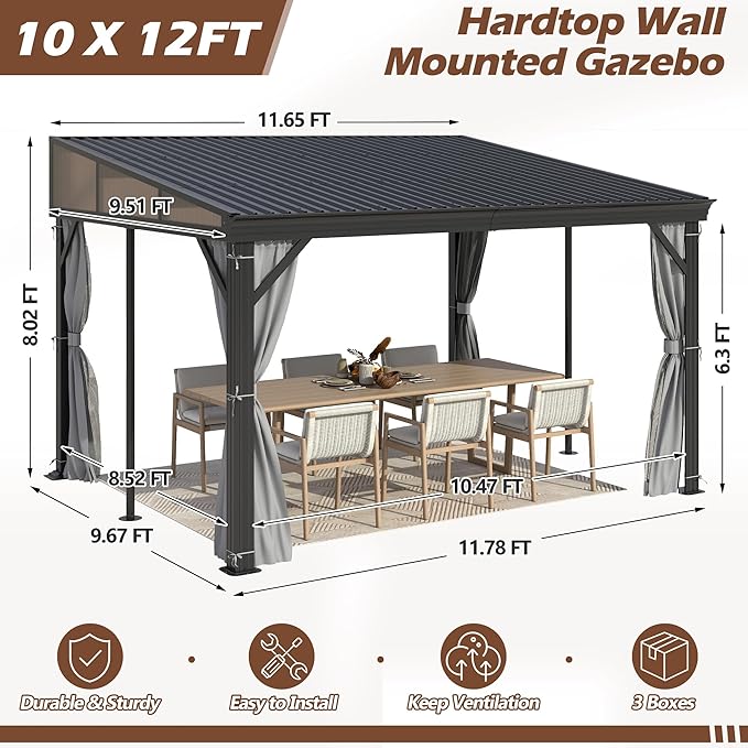 10' x 12' Hardtop Wall Mounted Gazebo, Lean to Gazebo with Galvanized Steel Roof Aluminum Frame Wall Gazebos Pergola with Netting&Curtains for Outdoor, Backyard, Patio