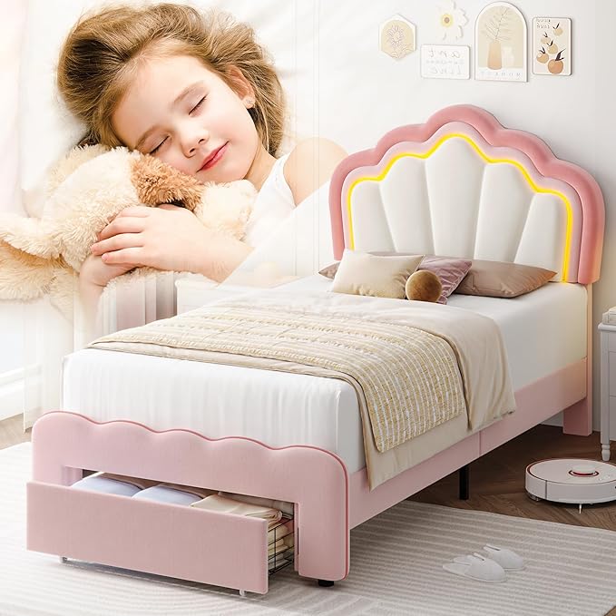 HOSTACK Twin Upholstered LED Bed Frame with Storage Drawer, Cute Girls Bed with Adjustable Lotus Headboard, Velvet Princess Platform Bed Frame, Wooden Slats Support, No Box Spring Needed, Pink/Beige
