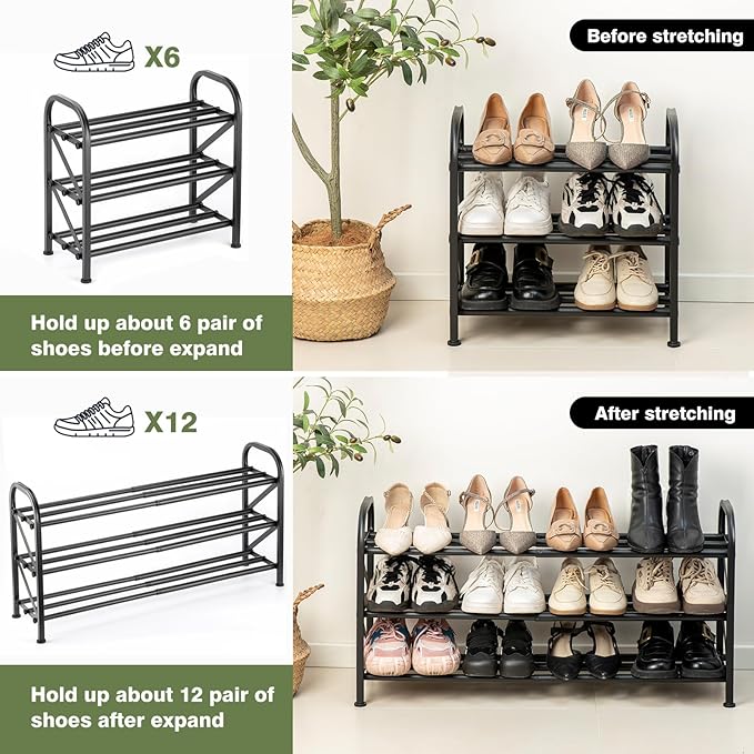 3-Tier Shoe Rack for Closet, 16"-33" Expandable ShoeRackAdjustable for Entryway Closet Doorway SturdyMetal, Black