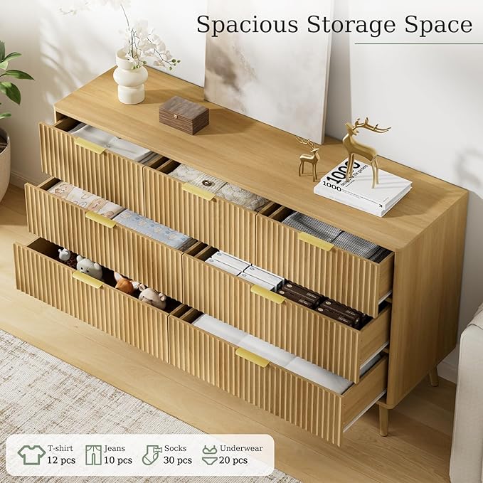 LYNSOM 55" Wide Fluted Dresser for Bedroom with 7 Drawer, Modern Chest of Drawers with Curved Profile Design and Metal Handles, Wood Dresser TV Stand & Storage Organizer for Living Room, Oak