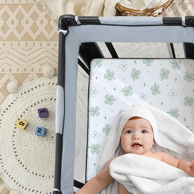 4 Pack Mini Crib Sheets Fitted - 38"x26" Pack and Play Sheets for Playard Mattress, Portable Mini Crib | Soft & Skin Friendly Pack N Play Sheets for Boys Girls (Clover & Moon Star)