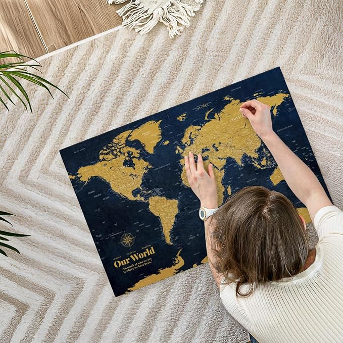 ElephantStock - Personalized Push Pin World Map - Gold Wall Art - Horizontal Canvas Wall Art - Living Room Wall Decor - Digital Art Map Canvas Art - Orange And Blue Decor - 30" x 20"