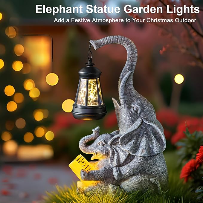 Solar Elephant Statue Lights Outdoor Garden Decoration, Elephant Statue with Solar Lantern Outdoor Decoration for Mother Women Birthday Gift-Courtyar Balcony Lawn Decor