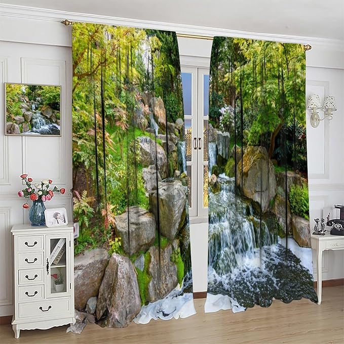 Forest Waterfall Blackout Curtains, Natural Landscape Forest Trees Waterfall Scenery PrintWindow Drapes, for Living Room Bedroom 63" W X 72" L