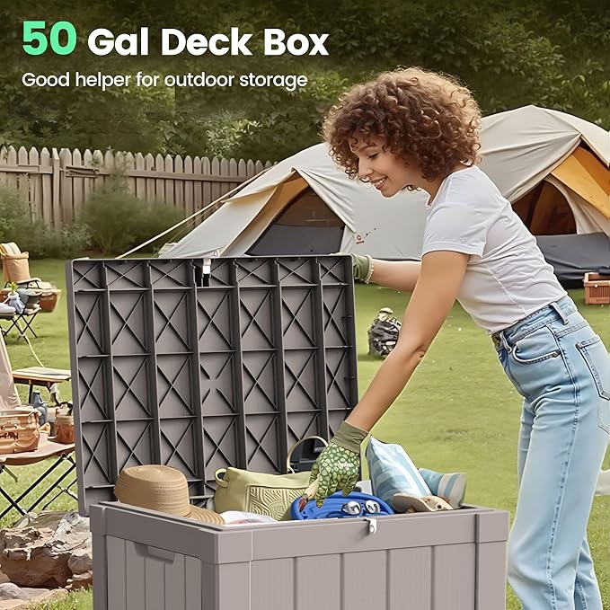 50 Gallon Storage Box, Waterproof Deck Box for Indoor & Outdoor Use, Lockable Pool Storage Bin for Package Delivery, Outdoor Bench for Patio Cushions, Garden Tools, Backyard, Grey
