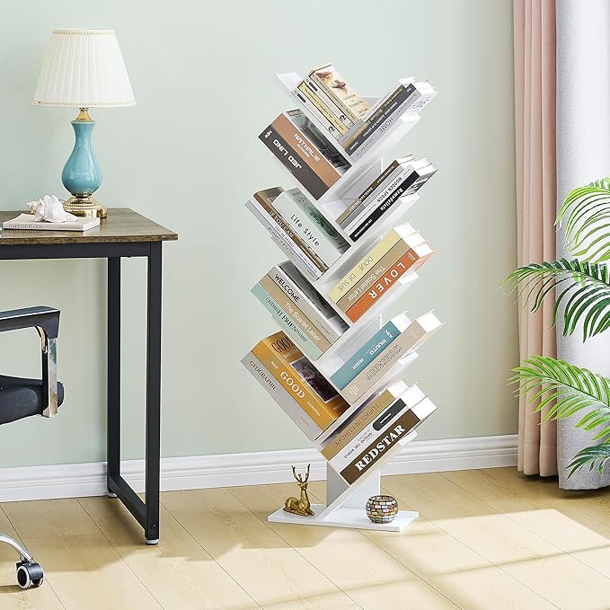 Hoctieon 10 Tier Tree Bookshelf, 10 Shelf Bookcase, Free Standing Tree Bookcase, Display Floor Standing Shelf for Books, Book Organizer Shelves for Home Office, Living Room, Bedroom, White
