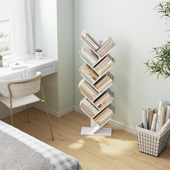 Hoctieon 10 Tier Tree Bookshelf, 10 Shelf Bookcase, Free Standing Tree Bookcase, Display Floor Standing Shelf for Books, Book Organizer Shelves for Home Office, Living Room, Bedroom, White